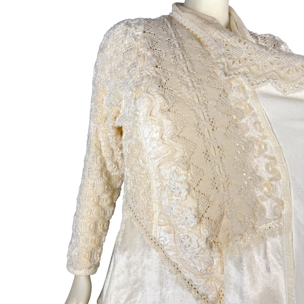 Ivory Boho Lace Waterfall Cardigan‎ L Sweater Made in Italy Open Knit Romantic - Picture 7 of 11